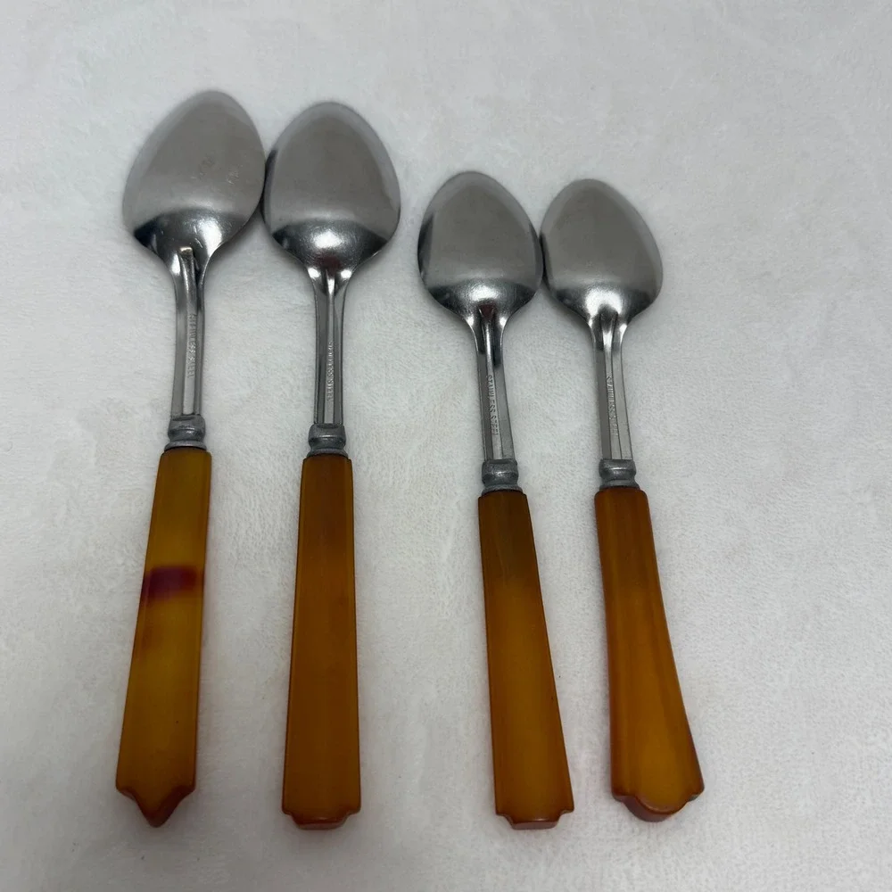 VTG Butterscotch Bakelite Handle Spoons Stainless Steel Set of 4 Mixed Sizes SEE